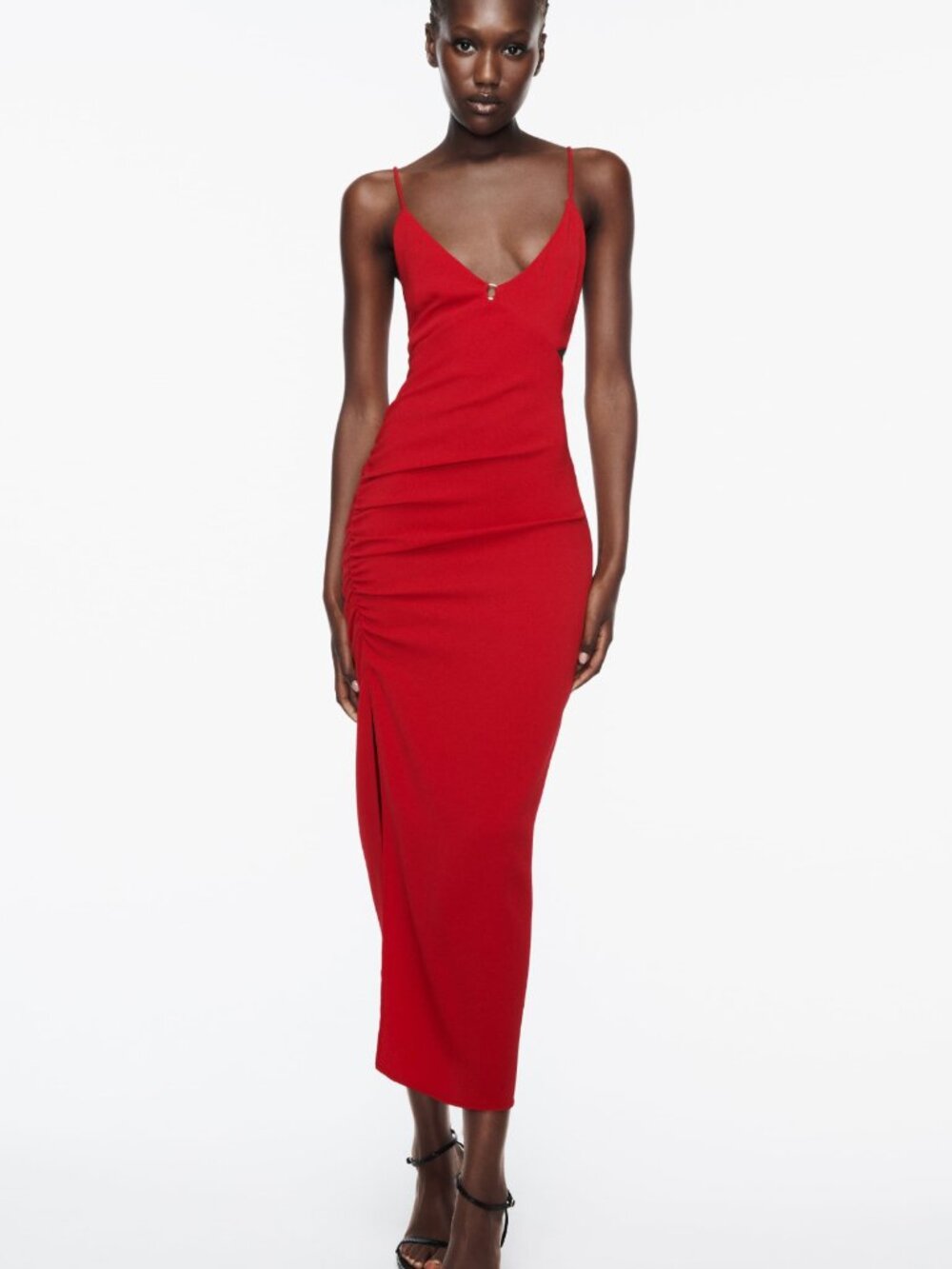 Zara Womens Midi Dress Small Red Ruched Cutout sides